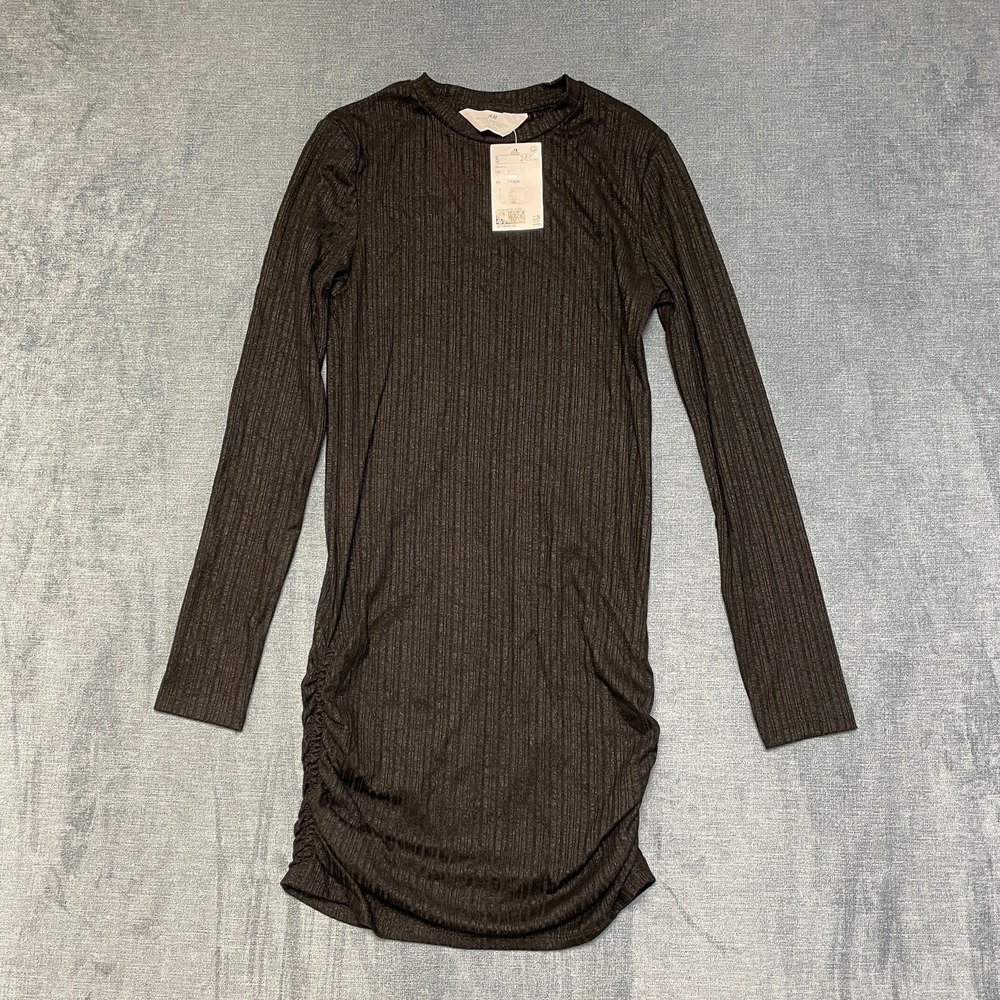 H&M Ribbed Mini Dress Girls 12-14 Black Ruched Long Sleeve Bodycon Party Wear